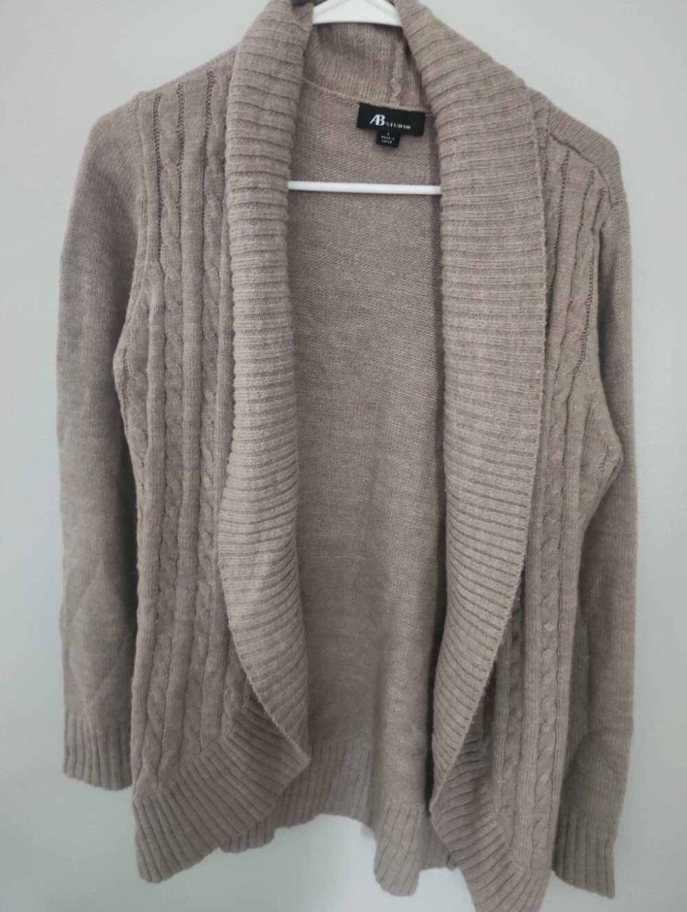 AB Studio Taupe Shawl Collar Cable Knit Women's Cardigan